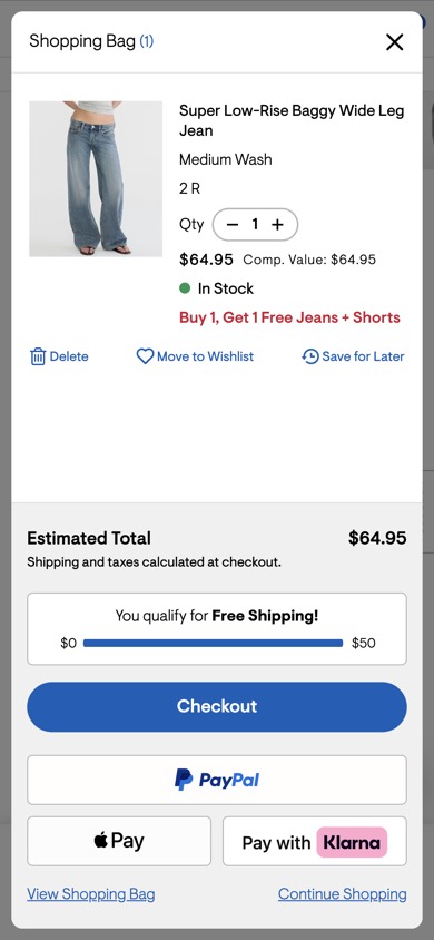 Aéropostale mini-cart, tested version: Adds a progress bar showing how much more to spend for free shipping.