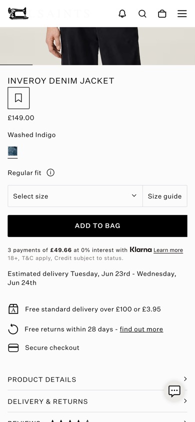 AllSaints product page with a bookmark wishlist button under the product name and a full-width Add to Bag