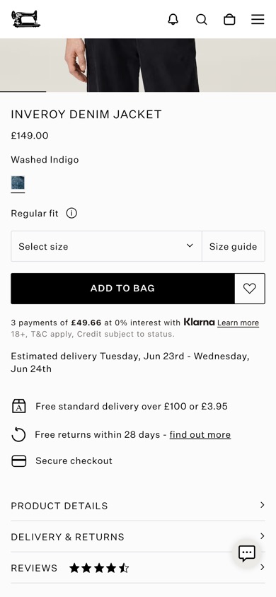 AllSaints product page with a heart wishlist button beside Add to Bag
