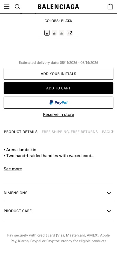 Balenciaga product page, tested version: Gathers every colour and material into one row under the product.