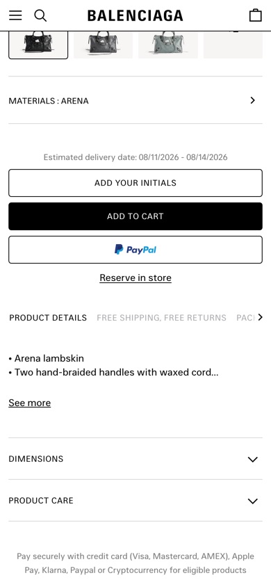 Balenciaga product page before the test