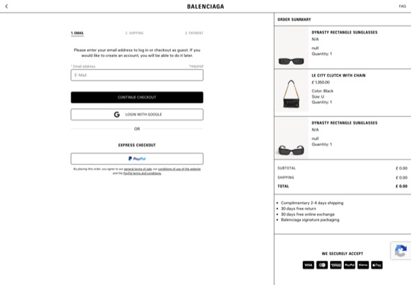 Balenciaga desktop checkout e-mail step with the PayPal express checkout block moved below the e-mail field