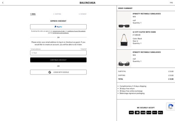 Balenciaga desktop checkout e-mail step with a PayPal express checkout block at the top