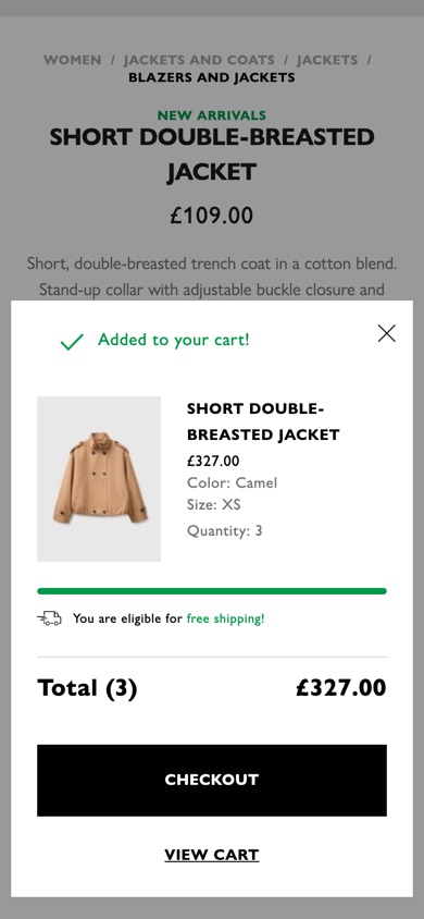 Benetton added-to-cart pop-up with one full-width Checkout button and View cart as a text link