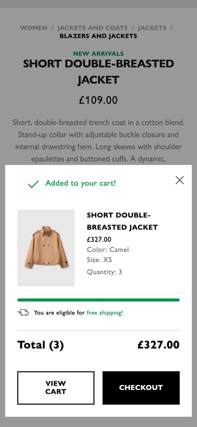 Benetton added-to-cart pop-up with View cart and Checkout buttons side by side