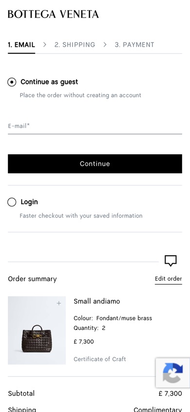 Bottega Veneta checkout e-mail step with a selected Continue as guest option above a Login option