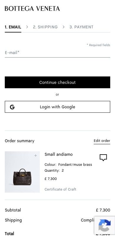 Bottega Veneta checkout e-mail step with one e-mail field and a Continue checkout button