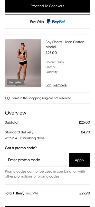 Calvin Klein basket line item with a large product photo