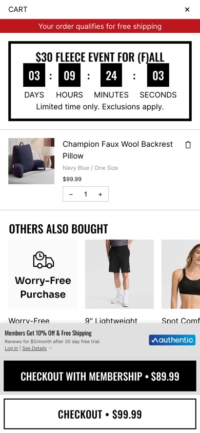 Champion cart drawer without the discount-code field, going straight to the checkout buttons