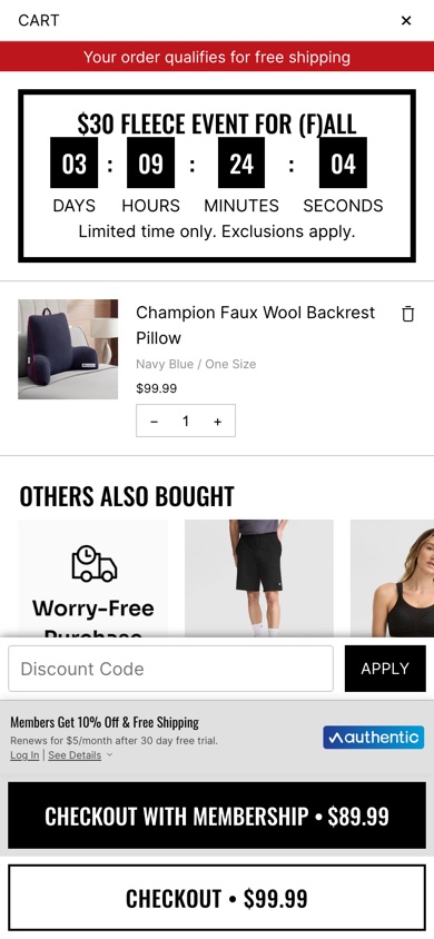 Champion cart drawer with a Discount Code field and Apply button above the checkout buttons