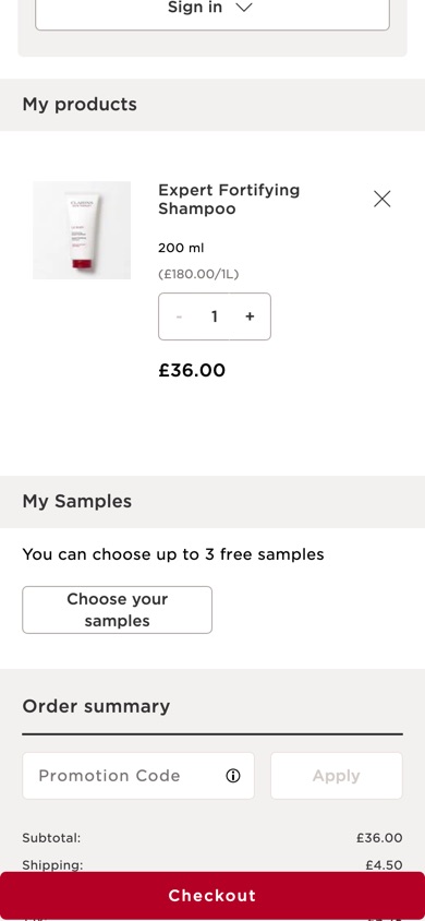 Clarins shopping bag item with no subscription option, followed directly by samples