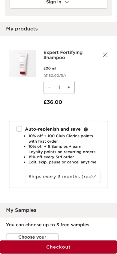 Clarins shopping bag item with an Auto-replenish and save option listing its benefits