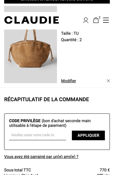 Claudie Pierlot cart summary with an open Code privilège box holding a code field and an Appliquer button
