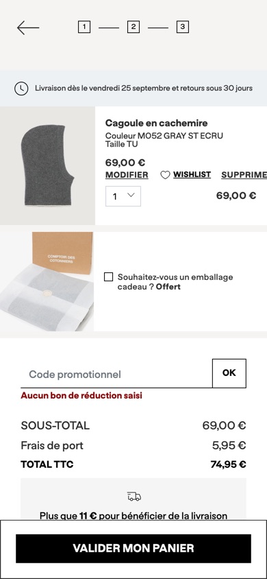 Comptoir des Cotonniers basket with the item followed by a gift-wrap option