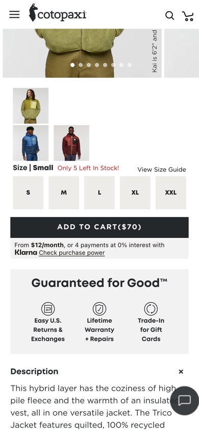 Cotopaxi product page, tested version: Replaces plain colour swatches with product-photo swatches.