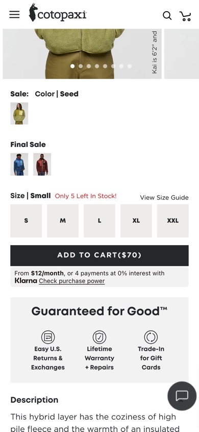 Cotopaxi product page before the test