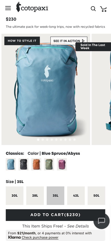 Cotopaxi product page, tested version: Shows how many people bought the item in the last week.