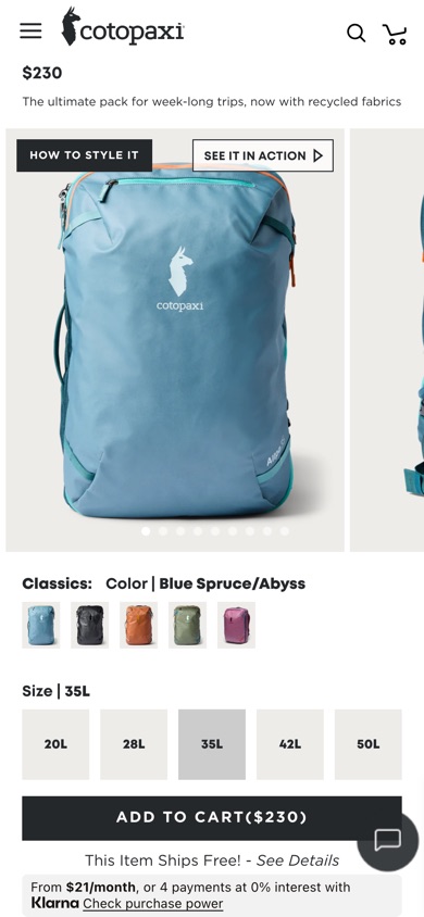 Cotopaxi product page before the test