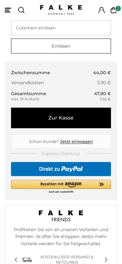 Falke basket with a Schon Kunde? Jetzt einloggen prompt between the checkout button and the express payment buttons