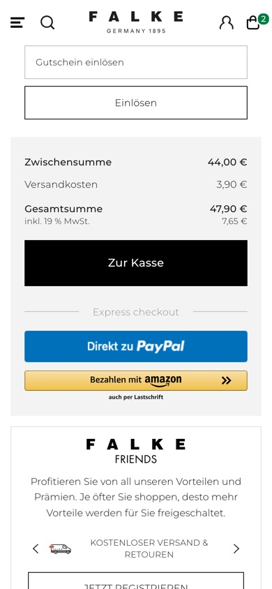 Falke basket with the checkout button followed by PayPal and Amazon Pay buttons