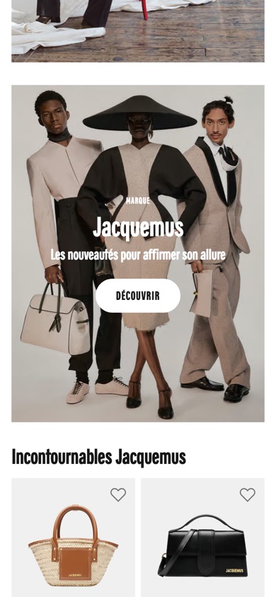Galeries Lafayette homepage going straight from the hero to the Jacquemus campaign, with no category tiles