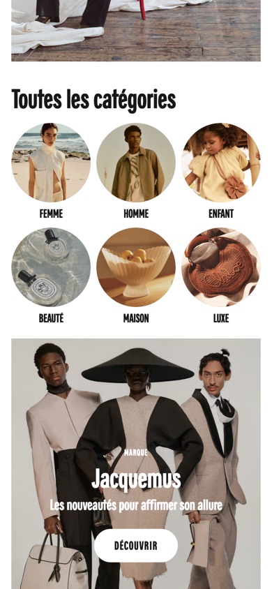 Galeries Lafayette homepage with an All categories block of six round shortcut tiles