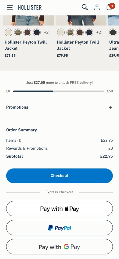 Hollister bag with the progress bar captioned Just £27.05 more to unlock FREE delivery
