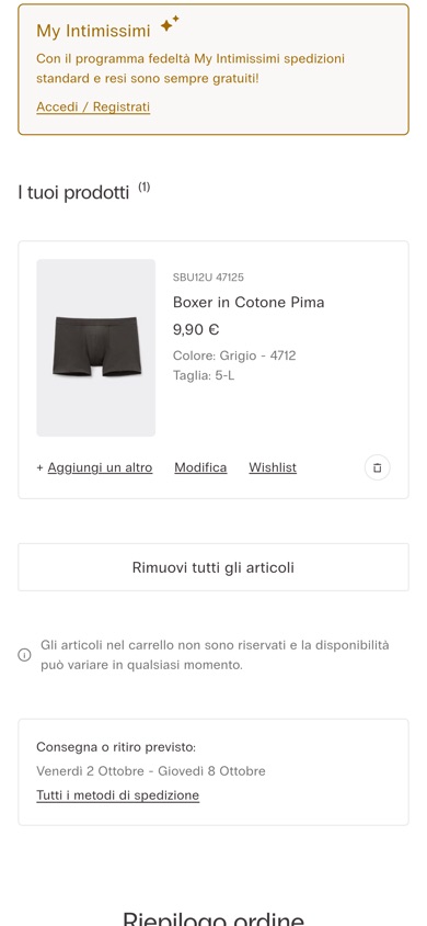 Intimissimi basket with the estimated delivery dates moved below the products and the stock notice