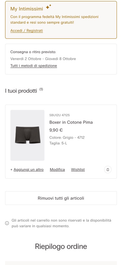 Intimissimi basket with the estimated delivery dates above the products