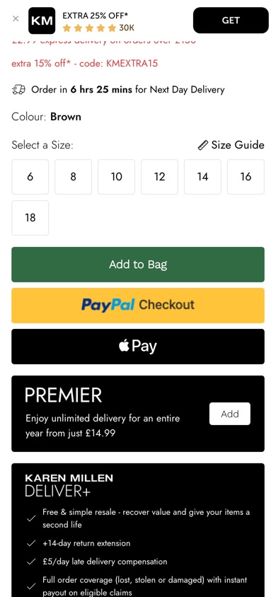 Karen Millen product page with a deep green Add to Bag button above PayPal and Apple Pay