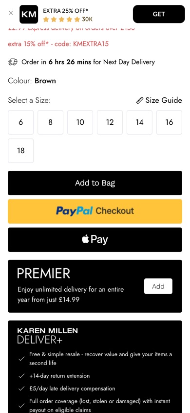 Karen Millen product page with a black Add to Bag button above PayPal and Apple Pay