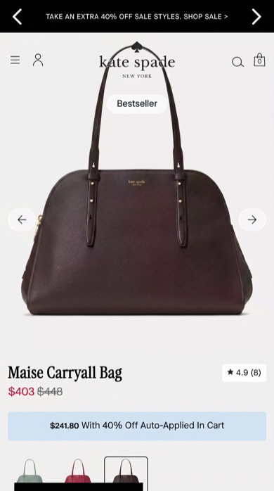 Kate Spade product page, tested version: Hides the percentage-off label, showing only the sale price.