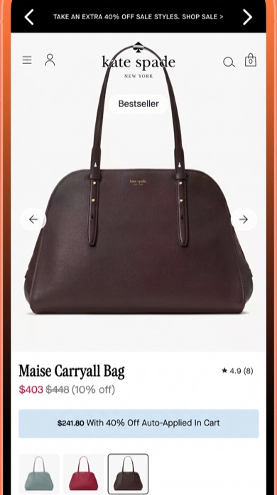 Kate Spade product page before the test