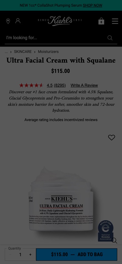 Kiehl's product page, tested version: Pins the add-to-cart area to the bottom of the screen while scrolling.