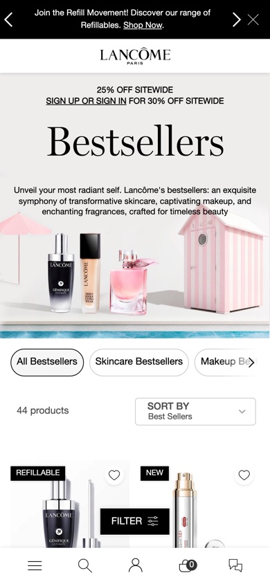 Lancôme Bestsellers category page with the header set over a beach-hut campaign image of three products