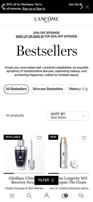 Lancôme Bestsellers category page with a plain text header