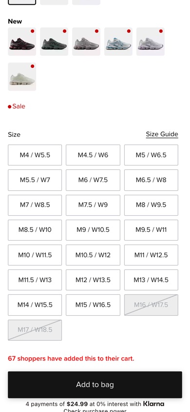 New Balance product page, tested version: Groups newly added colours into their own row.