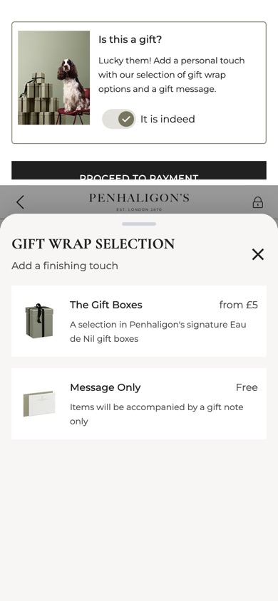 Penhaligon's checkout gift card with a toggle and the gift-wrap options in a bottom sheet
