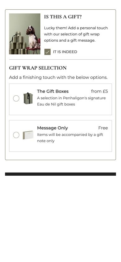 Penhaligon's checkout gift card with a tick-box and the gift-wrap options open on the page