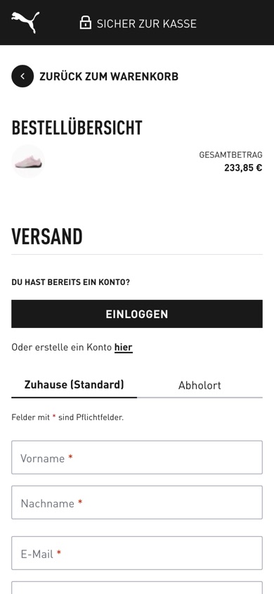 Puma checkout going straight from the order overview to the shipping details, with no voucher row