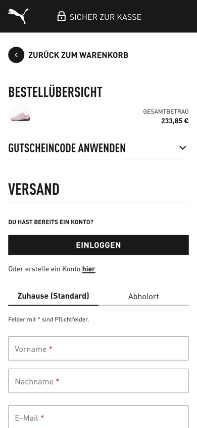 Puma checkout order overview with an Apply voucher code row under the total