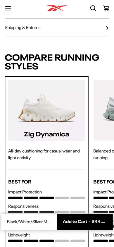 Reebok product page details list without the Best For row