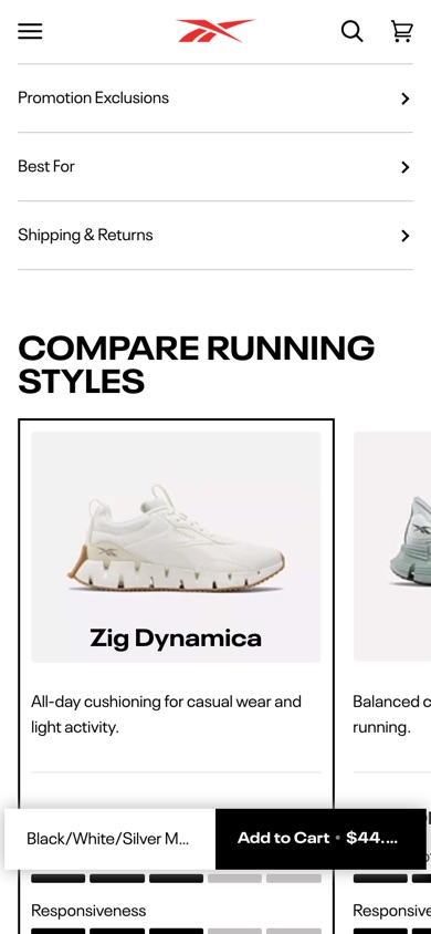 Reebok product page details list with Promotion Exclusions, Best For and Shipping & Returns rows