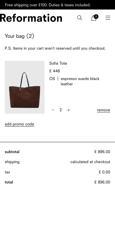 Reformation bag going straight from the item to the order totals