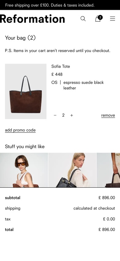 Reformation bag with a Stuff you might like row of products under the item