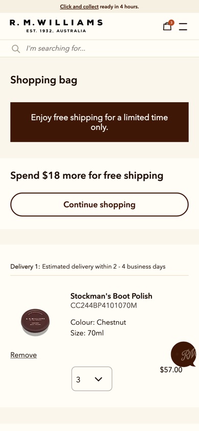 R.M.Williams cart, tested version: Adds a free-shipping progress tracker and next-step buttons to the cart.