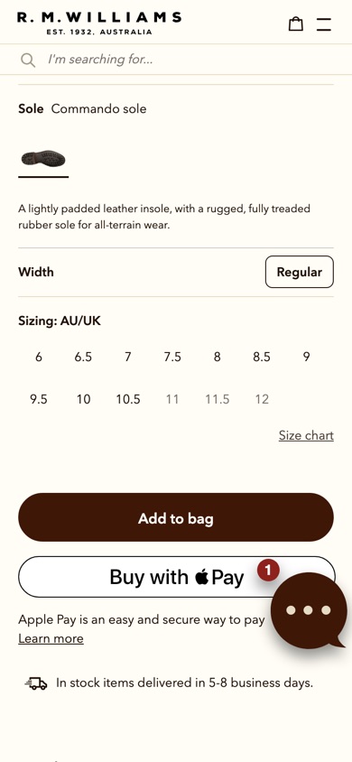 R.M.Williams product page, tested version: Renames the "Sizing" label above the size options.