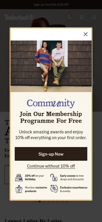 Timberland membership sign-up pop-up with a full-width button, an opt-out link and four member benefits