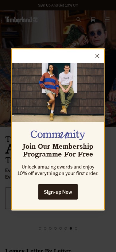 Timberland membership sign-up pop-up with an offer line and a Sign-up Now button