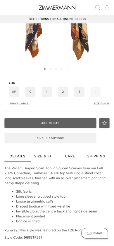 Zimmermann product page, tested version: Hides the automated size recommendation tool.